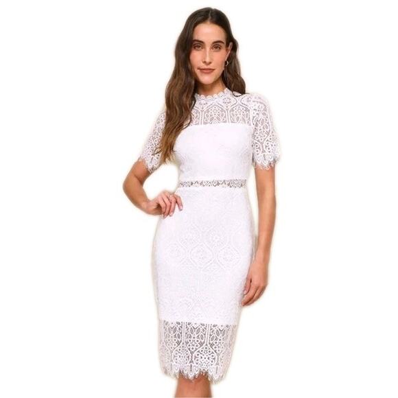 LULUS White Remarkable Sheer Lace Short Sleeve Mini Sheath Dress Women's Large - Picture 1 of 7